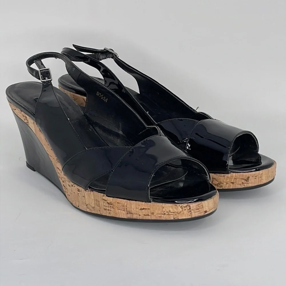 VAN ELI Wedge Heel Sandals Sling Back Open Toe Black Patent Leather Cork 9.5